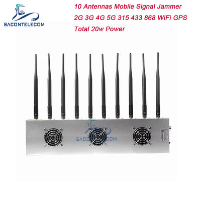 10 Canales 24 Horas de Trabajo 3 Ventiladores de Refrigeración Jammer de Señal Inalámbrica Bloqueador para 5G GPS WiFi VHF UHF