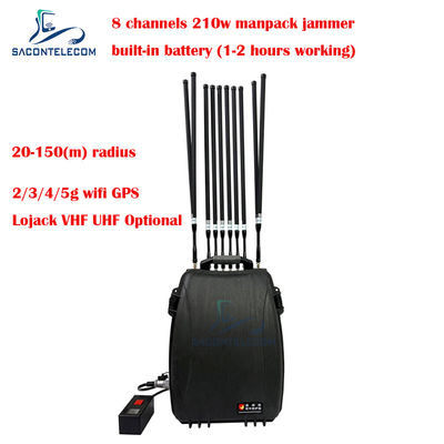 5G Wifi Lojack 150m Manpack Jammer de señal de teléfono móvil 8 canales 230w de alta potencia