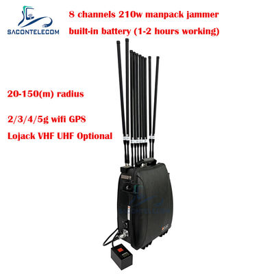 5G Wifi Lojack 150m Manpack Jammer de señal de teléfono móvil 8 canales 230w de alta potencia
